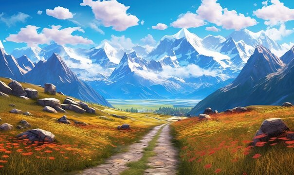  a painting of a mountain landscape with a path leading to a valley with red flowers and a mountain range in the distance with white clouds and blue sky.  generative ai