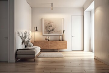 Modern white interior with a doorway to a room with a sofa and a coffee table and a parquet floor, an illuminated horizontal poster above a light colored cabinet with dcor, and other features. in fron