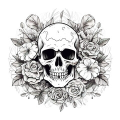 A black and white drawing of a skull surrounded by flowers. Generative AI.