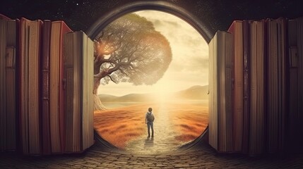 Ilustration of a man standing inside a tunnel made of books