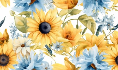  a watercolor painting of sunflowers and daisies on a white background with blue and yellow leaves and flowers on the stems and the petals.  generative ai