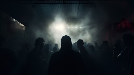 Crowd of people dancing at a nightclub concert. ai generative art.