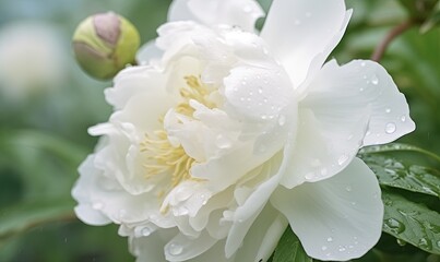  a white flower with water droplets on it's petals and leaves in the foreground, with green leaves in the background, and a blue sky in the background.  generative ai