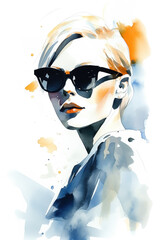 Watercolor woman with sunglasses portrait fashion illustration on white background. Ai generated