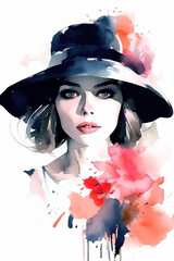 Watercolor woman with hat portrait fashion illustration on white background. Ai generated