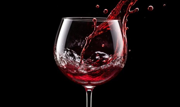  a glass of red wine is being poured into the wine glass with a splash of water on the side of the glass and on the side of the glass is a black background.  generative ai