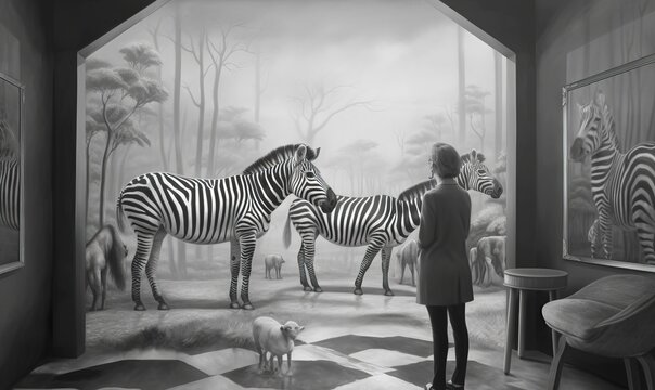  a woman standing in front of a painting of zebras and a dog in a room with a wall mural of zebras and other animals.  generative ai