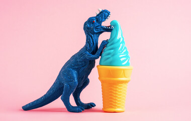 Happy blue dinosaur eating huge blue ice cream on pink background.