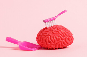 Model of human brain with brush and dustpan on  pink background.  Brain detox concept.