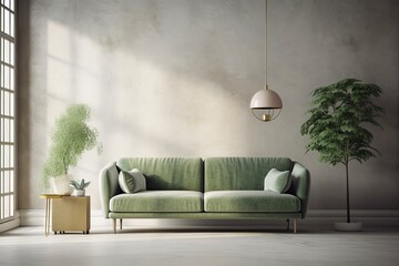Mockup of a blank interior with a couch and a wall. Inside, there was a green sofa and a blank wall. Generative AI