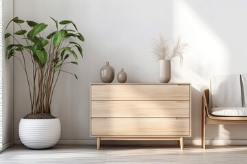 Mockup of the minimalist interior walls in the living area close up of a chest of drawers on a warm white background with a design light and green grass in a ceramic vase. Generative AI