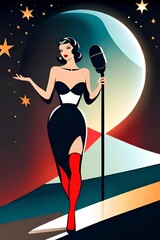 Art deco fashion Graphic silhouette of a Beautiful woman with microphone illustration generative ai