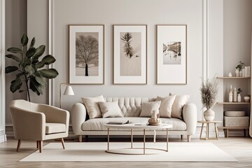 Modern apartment living room with stylish interior decor with white mock up photo frame, wooden shelf, flower vase, books, sculpture, and elegant accessories. Elegant house furnishings, Template