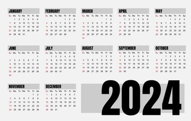 Classic monthly calendar for 2024. international Calendar in the style of minimalist square shape. The week starts on Sunday.
