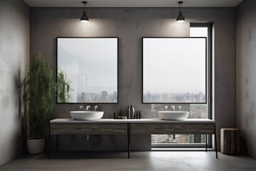 Mockup of a blank canvas frame on a grey bathroom wall with two sinks and enormous mirrors close to a large window with a view of the city. modern, sleek bathrooms that are dark and empty. Generative