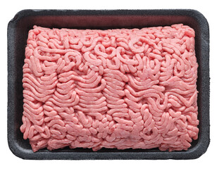 raw ground beef in package on transparent background shot from overhead view 