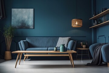 Modern interior design features a blue wall, a wooden desk, and a grey sofa. Generative AI