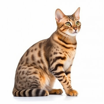 Bengal cat, isolated on white close-up, spotted color, lovely pet, generative ai