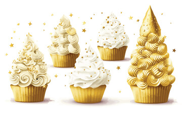 Birthday cupcake with candles, christmas tree cupcakes recipe gold and white color vector art illustration on white background.