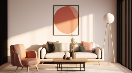 Stylish Living Room Interior with Mockup Frame Poster, Modern interior design, 3D render, 3D illustration