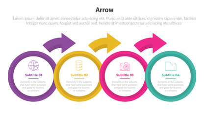 arrow or arrows stage infographics template diagram with big circle right direction and 4 point step creative design for slide presentation