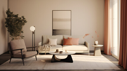 Stylish Living Room Interior with Mockup Frame Poster, Modern interior design, 3D render, 3D illustration