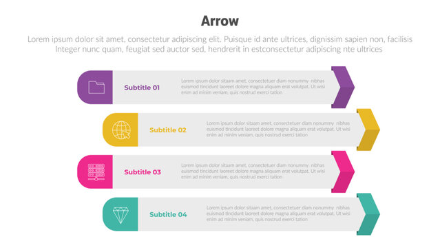 arrow or arrows stage infographics template diagram with long rectangle box unbalance and 4 point step creative design for slide presentation
