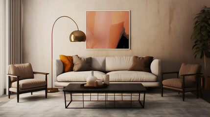 Stylish Living Room Interior with Mockup Frame Poster, Modern interior design, 3D render, 3D illustration