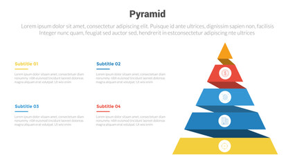 pyramid shape triangle stage infographics template diagram with arrow upward on right column and 4 point step creative design for slide presentation
