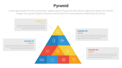 pyramid shape triangle stage infographics template diagram with center shape and box information and 4 point step creative design for slide presentation