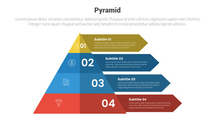 pyramid shape triangle stage infographics template diagram with center pyramid and arrow rectangle and 4 point step creative design for slide presentation