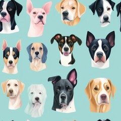 Fototapeta premium Furry Friends: A Trendy dogs Portrait Collection. Seamless pattern. Digitales Papier. generative ai illustration.