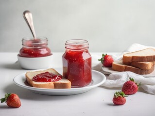 Toast with strawberry jam for breakfast on white table. Generative AI