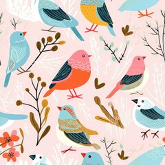 Obraz premium Colorful Wingspan: A Trendy Bird Paradise. Seamless pattern. Digitales Papier. generative ai illustration.