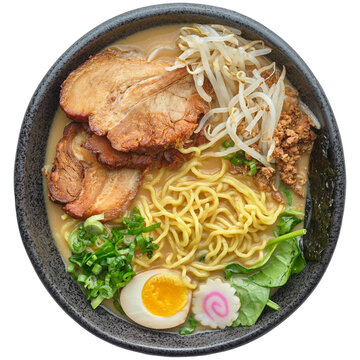 japanese pork tonkotsu ramen in bowl on transparent background shot from overhead view 