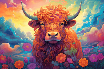 An oil painting of a Highland cow in the flower field, vibrant colors. Generative AI