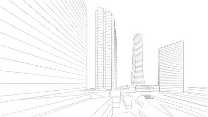 Modern skyscrapers architectural sketch 3d illustration