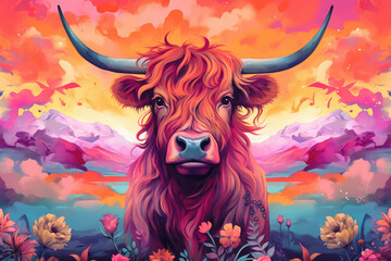 An oil painting of a Highland cow in the flower field, vibrant colors. Generative AI