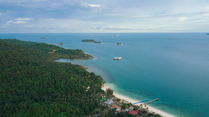 Aerial drone view of seascape scenery with at Tinggi Island or Pulau Tinggi in Mersing, Johor, Malaysia