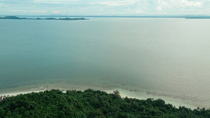 Aerial drone view of seascape scenery with at Tinggi Island or Pulau Tinggi in Mersing, Johor, Malaysia