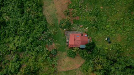Aerial drone view of lush green island scenery with a single house at Tinggi Island or Pulau Tinggi in Mersing, Johor, Malaysia