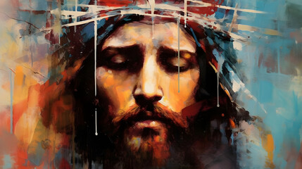 Abstract portrait of Jesus Christ face wearing crown of thorns original art, easter and good friday