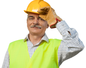 A happy male construction worker in hamlet.