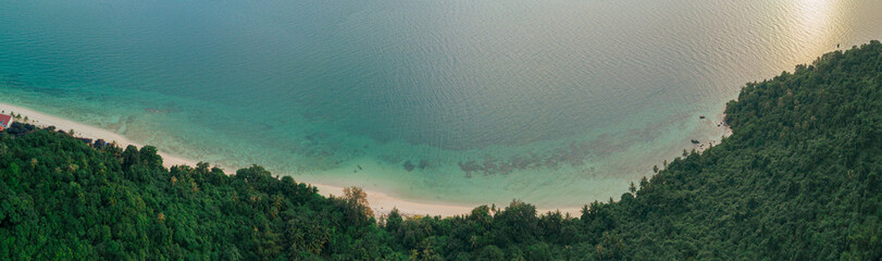 Aerial drone view of seascape scenery with at Tinggi Island or Pulau Tinggi in Mersing, Johor,...