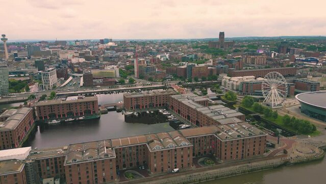 Aerial drone shot of buildings in Liverpool city waterfront, England