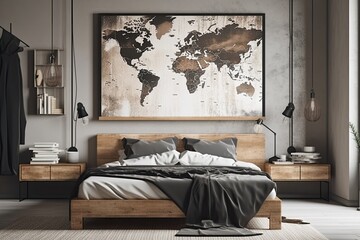Modern bedroom with king size bed and wooden headboard features copy space on white wall with black map. Generative AI