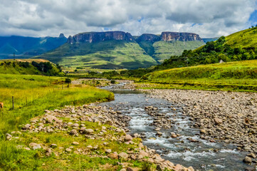 Royal amphitheatre of Drakensberg on a cloudy overcast day