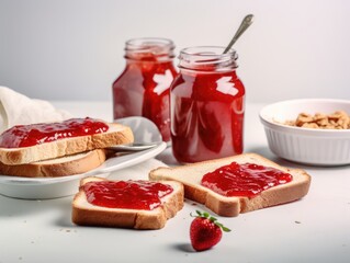 Toast with strawberry jam for breakfast on white table. Generative AI - obrazy, fototapety, plakaty