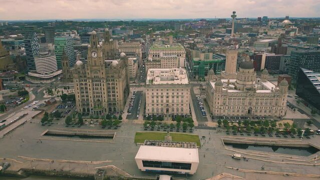 Aerial drone shot of buildings in Liverpool city waterfront, England