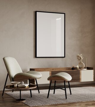 Big poster picture blank frame in modern home interior, reading nook, beige tones, modern design armchair and furniture, 3d render
